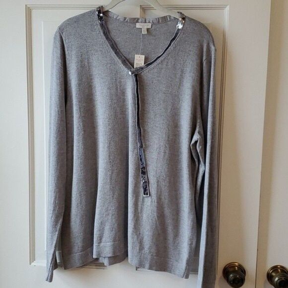 NWT TALBOTS GRAY SILVER COTTON BLEND V-NECK SEQUIN SWEATER SZ XL - Picture 2 of 9